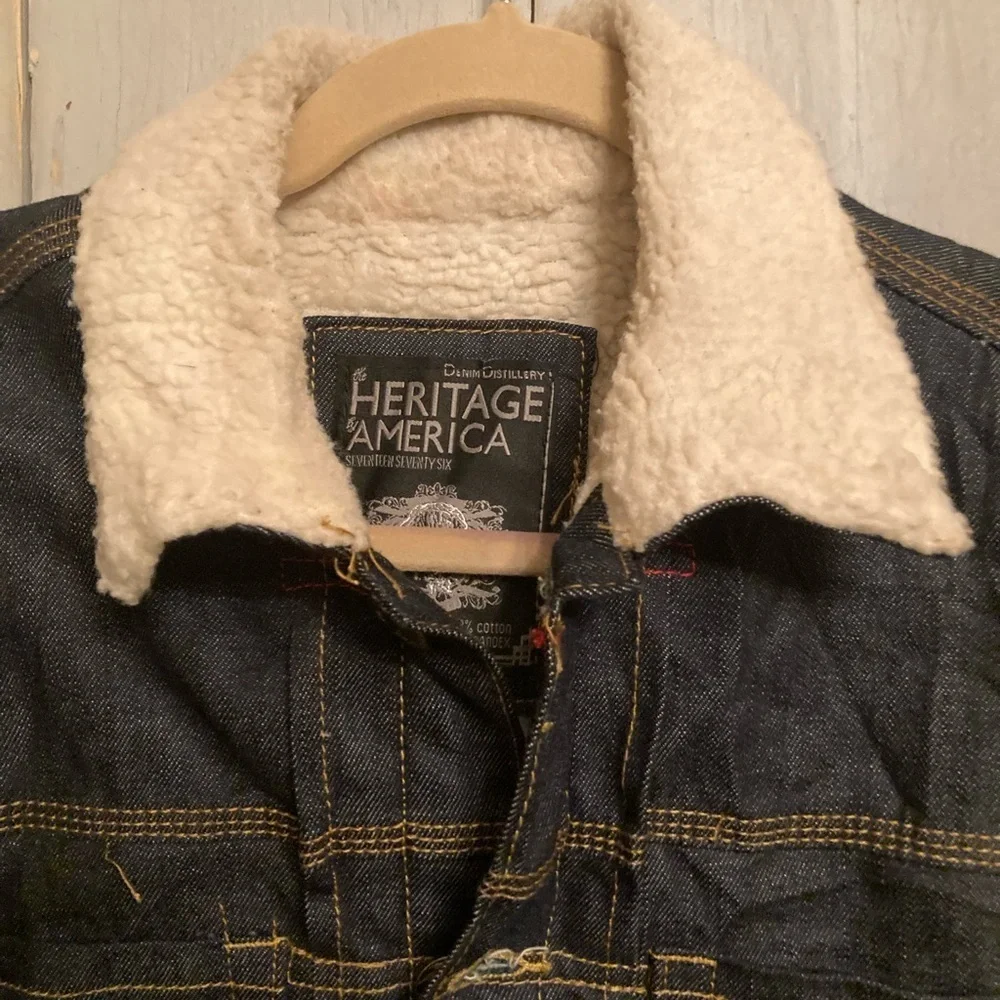 Heritage America Jacket Mens Dark Denim Button Sherpa Collar Bomber Fit‎ New Med